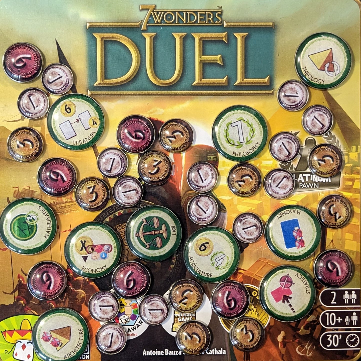 7 Wonders Duel Brettspiel und Pantheon und Agora Erweiterung inspiriert inoffizielles Glas und Metall Token Pack