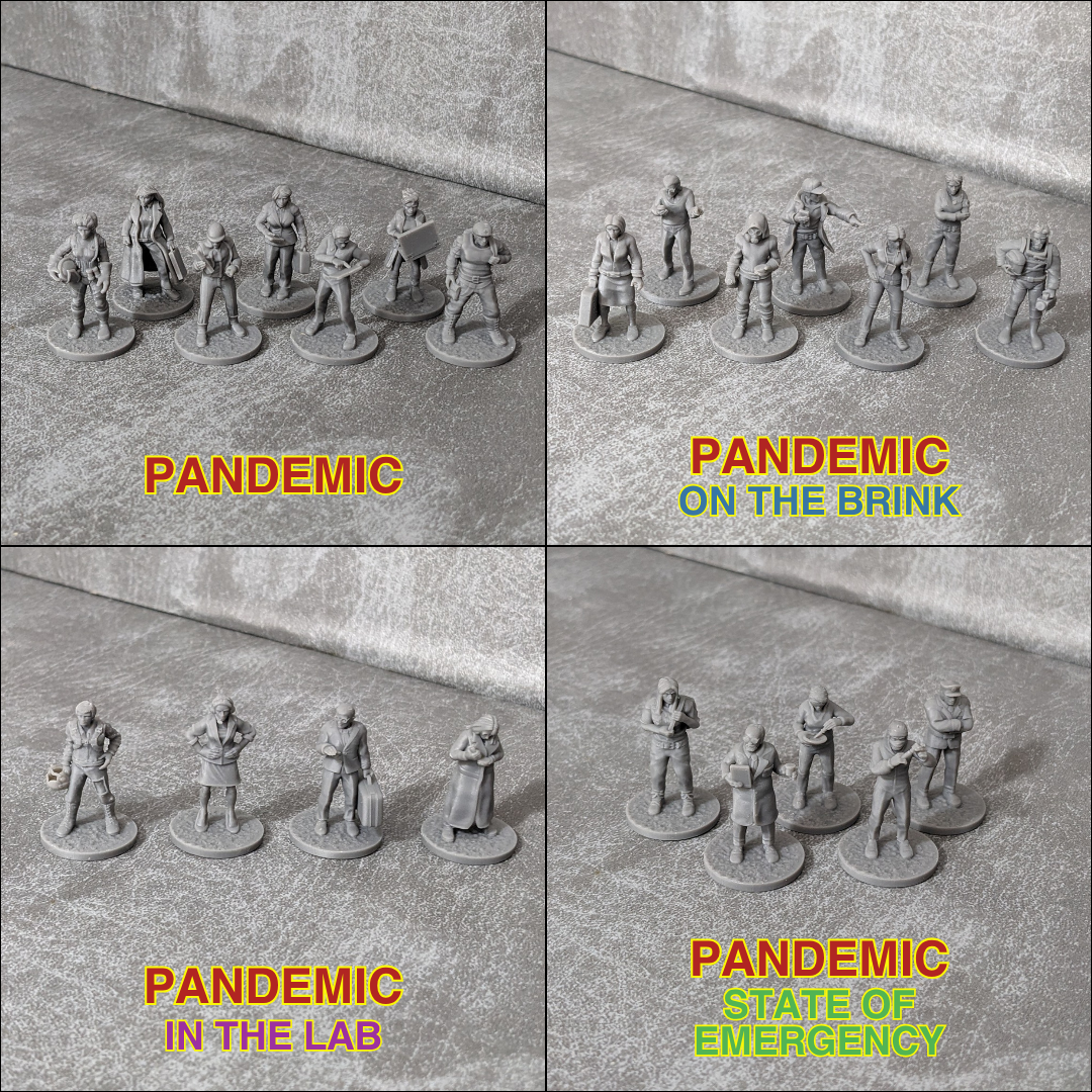 Großes, winziges Figurenpaket mit 23 Figuren, inspiriert von den 15 mm Brettspielcharakteren „Pandemie“, „Am Rande der Verzweiflung“, „Im Labor“ und „Ausnahmezustand“.