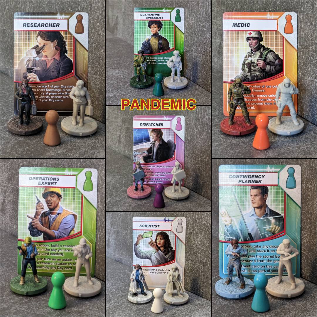 Großes, winziges Figurenpaket mit 23 Figuren, inspiriert von den 15 mm Brettspielcharakteren „Pandemie“, „Am Rande der Verzweiflung“, „Im Labor“ und „Ausnahmezustand“.