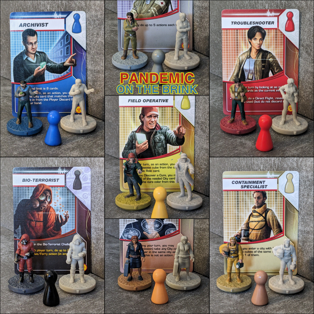 Großes, winziges Figurenpaket mit 23 Figuren, inspiriert von den 15 mm Brettspielcharakteren „Pandemie“, „Am Rande der Verzweiflung“, „Im Labor“ und „Ausnahmezustand“.
