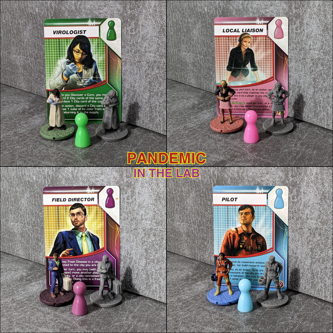 Großes, winziges Figurenpaket mit 23 Figuren, inspiriert von den 15 mm Brettspielcharakteren „Pandemie“, „Am Rande der Verzweiflung“, „Im Labor“ und „Ausnahmezustand“.