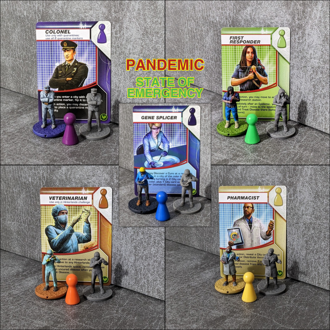 Großes, winziges Figurenpaket mit 23 Figuren, inspiriert von den 15 mm Brettspielcharakteren „Pandemie“, „Am Rande der Verzweiflung“, „Im Labor“ und „Ausnahmezustand“.
