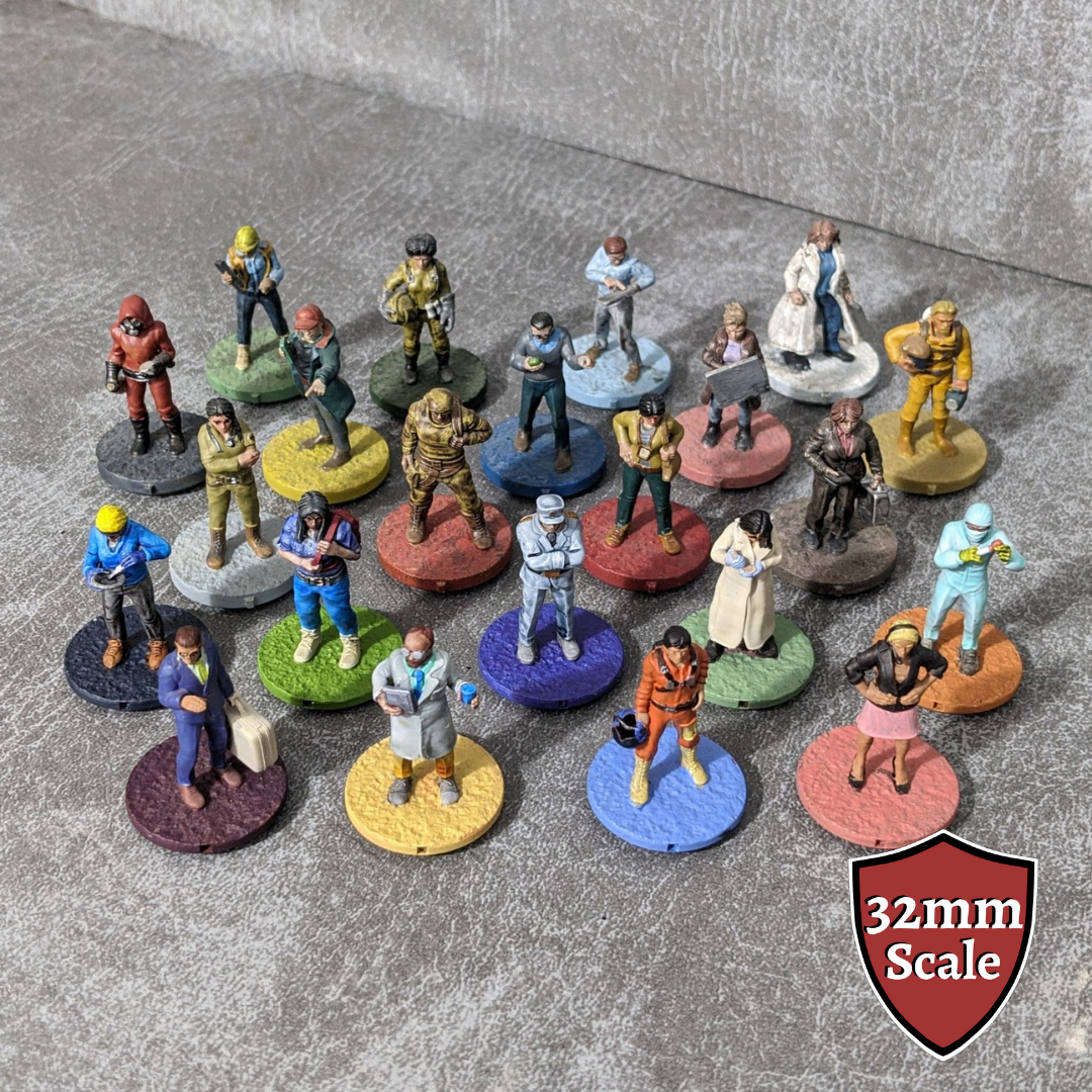 Großes, winziges Figurenpaket mit 23 Figuren, inspiriert von den 15 mm Brettspielcharakteren „Pandemie“, „Am Rande der Verzweiflung“, „Im Labor“ und „Ausnahmezustand“.