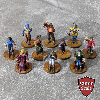 Tavern Patrons NPC Seated and Standing Set 32mm Unpainted Dungeons and Dragons 10 Mini Figures