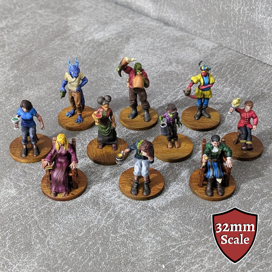 Tavern Patrons NPC Seated and Standing Set 32mm Unpainted Dungeons and Dragons 10 Mini Figures