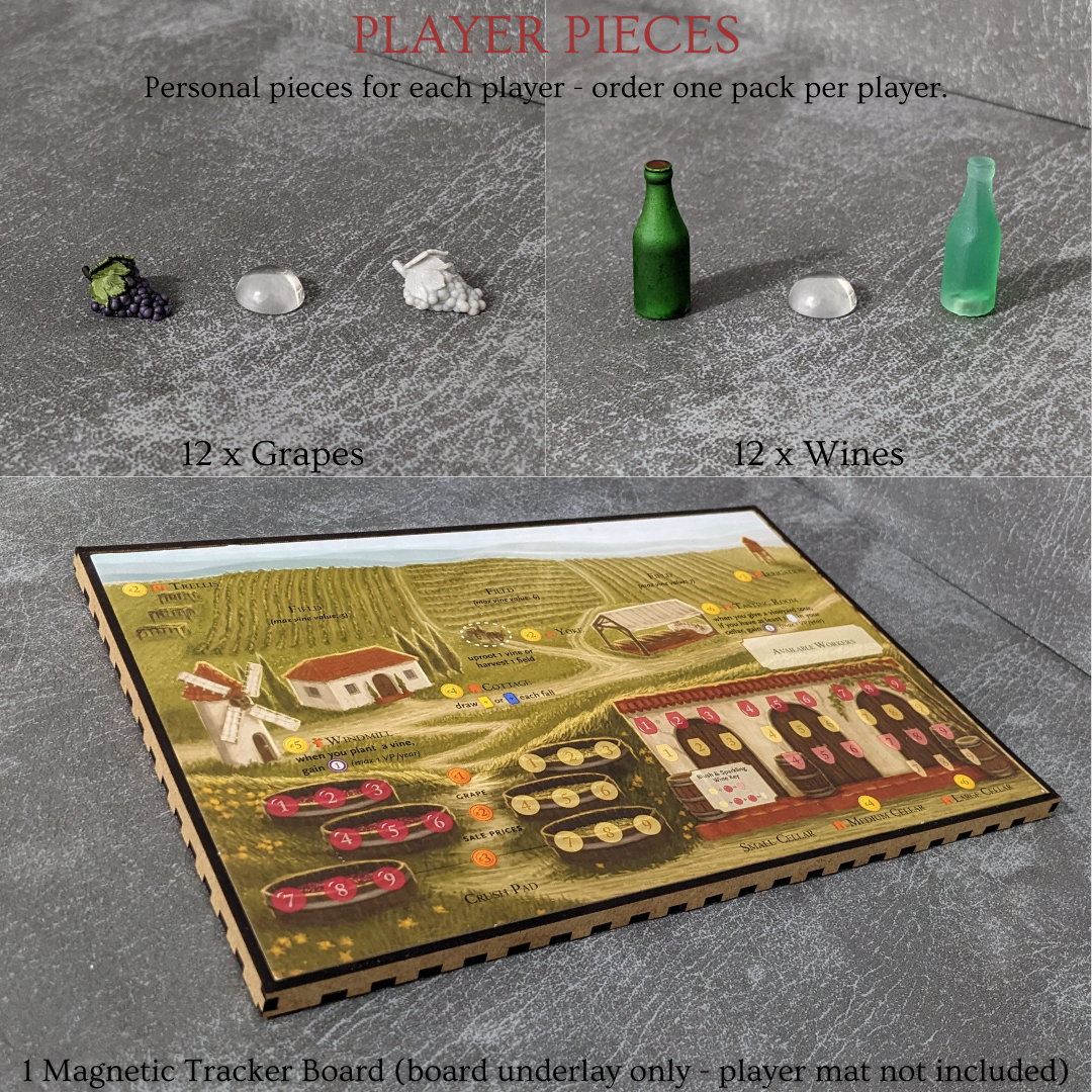 Viticulture Board Game Inspired Unpainted Unofficial Magnetic Grapes and Wines Token Upgrade Pack With Magnetic Tracker Board