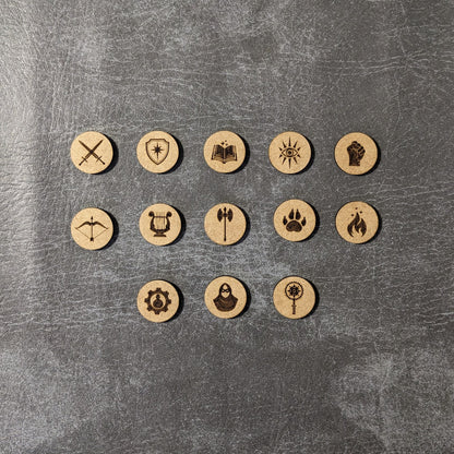 Pack de 26 jetons en bois pour classe de personnage de Donjons et Dragons