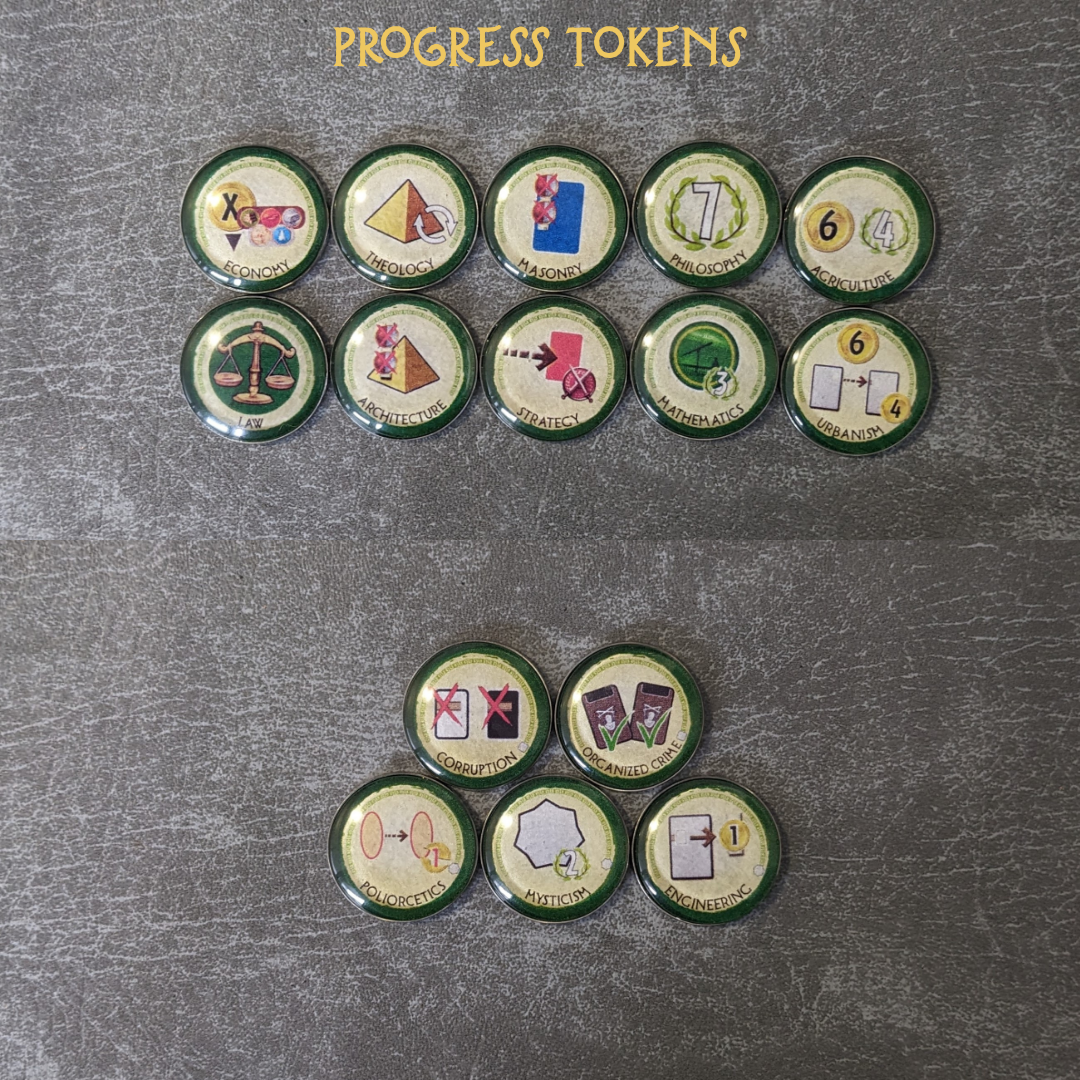 Pack de jetons en verre et en métal non officiel inspiré du jeu de société 7 Wonders Duel et de l'extension Panthéon et Agora