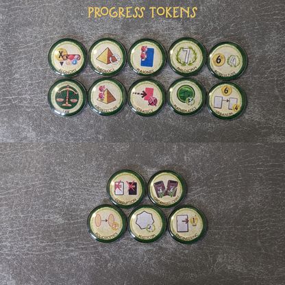 Pack de jetons en verre et en métal non officiel inspiré du jeu de société 7 Wonders Duel et de l'extension Panthéon et Agora